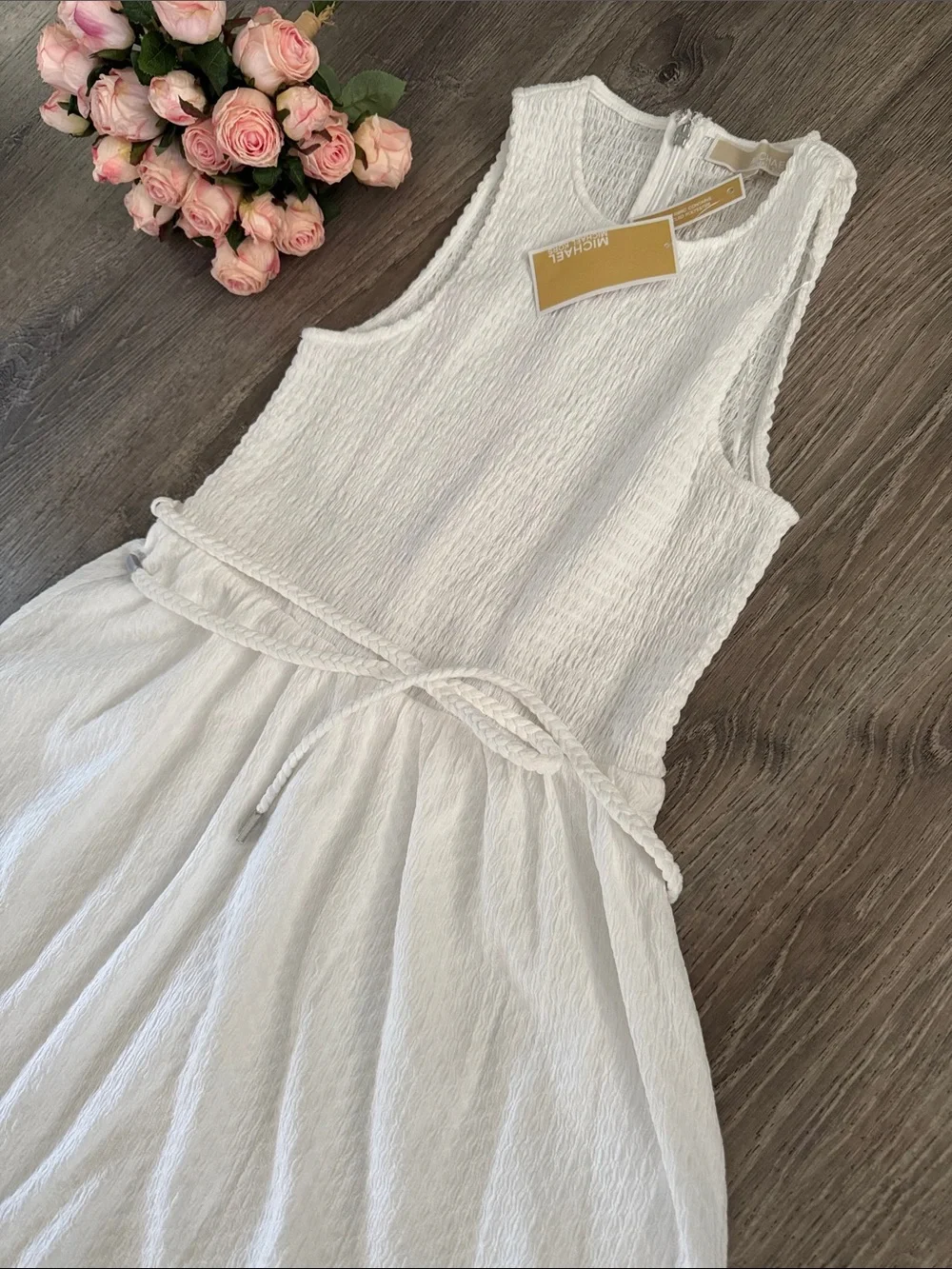 Michael Kors Sport Summer White Sleeveless Textured Maxi Dress with Tie Waist